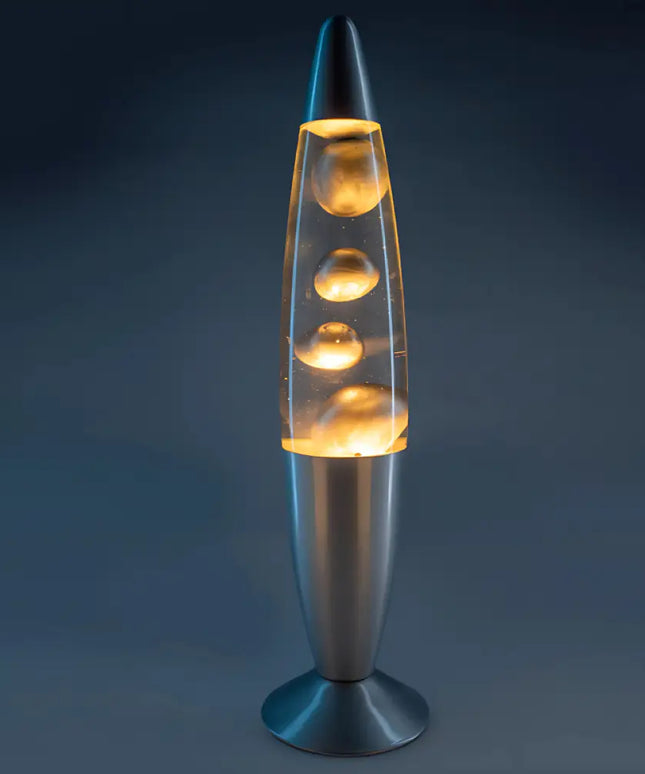 Rocket-Shaped Silver Lava Lamp – Sleek and modern lighting with a futuristic metallic finish.