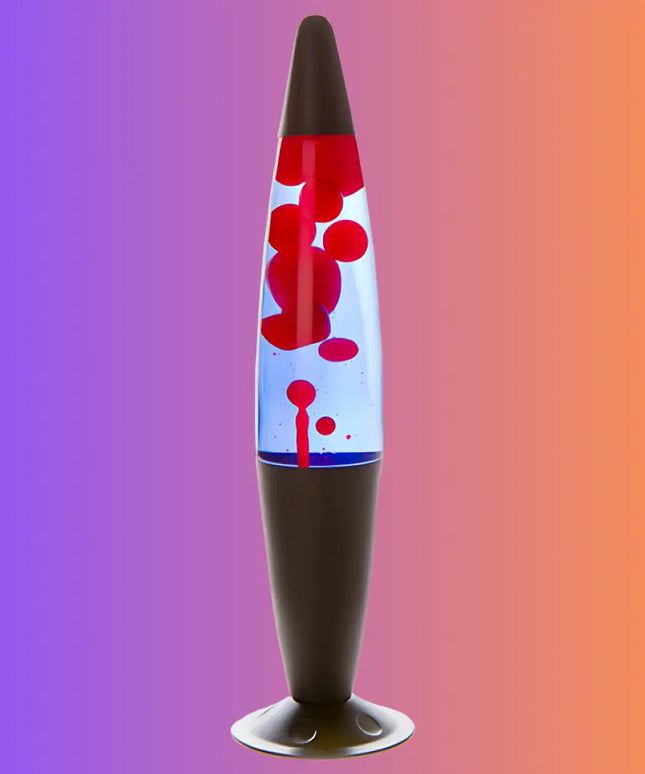 Retro Lava Lamp in Black, Red & Blue – Swirling red lava in deep blue liquid with a modern black casing.