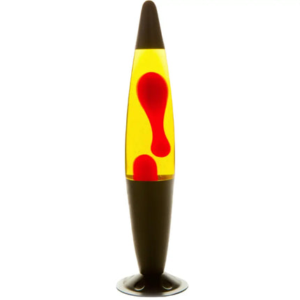 MDI Black Red Yellow Lava Lamp – A sleek motion lamp with red lava in yellow liquid.