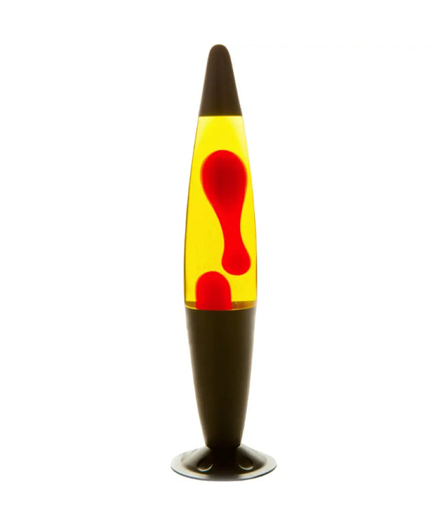 MDI Black Red Yellow Lava Lamp – A sleek motion lamp with red lava in yellow liquid.