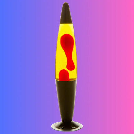 Retro Lava Lamp in Black, Red & Yellow – Swirling red lava in yellow liquid with a modern black casing.