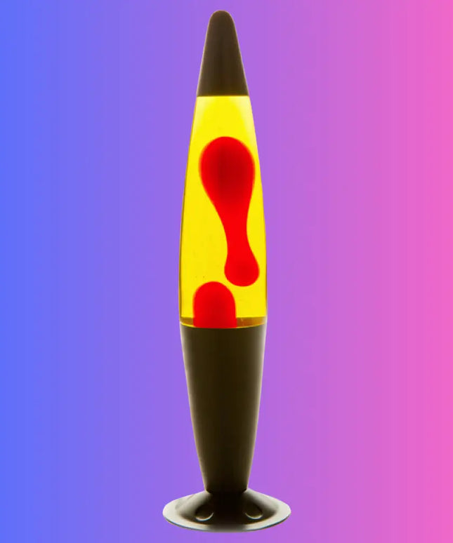 Retro Lava Lamp in Black, Red & Yellow – Swirling red lava in yellow liquid with a modern black casing.