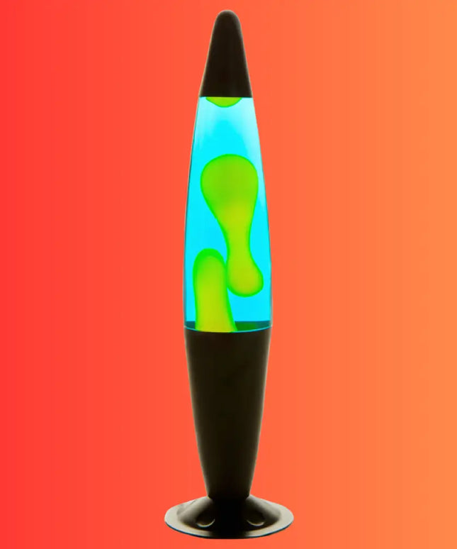 Retro Lava Lamp in Black, Yellow & Blue – Swirling yellow lava in blue liquid with a modern black casing.