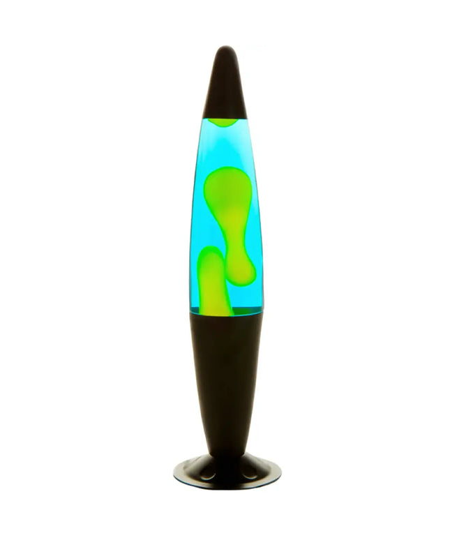 MDI Black Yellow Blue Lava Lamp – A sleek motion lamp with yellow lava in blue liquid.