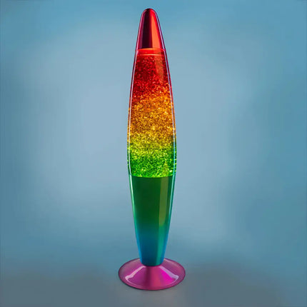 Rocket-Shaped Glitter Lava Lamp – Shimmering glitter flows inside a colorful rainbow glass body.
