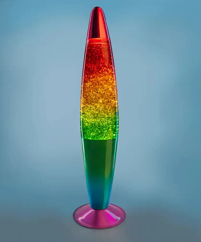 Rocket-Shaped Glitter Lava Lamp – Shimmering glitter flows inside a colorful rainbow glass body.