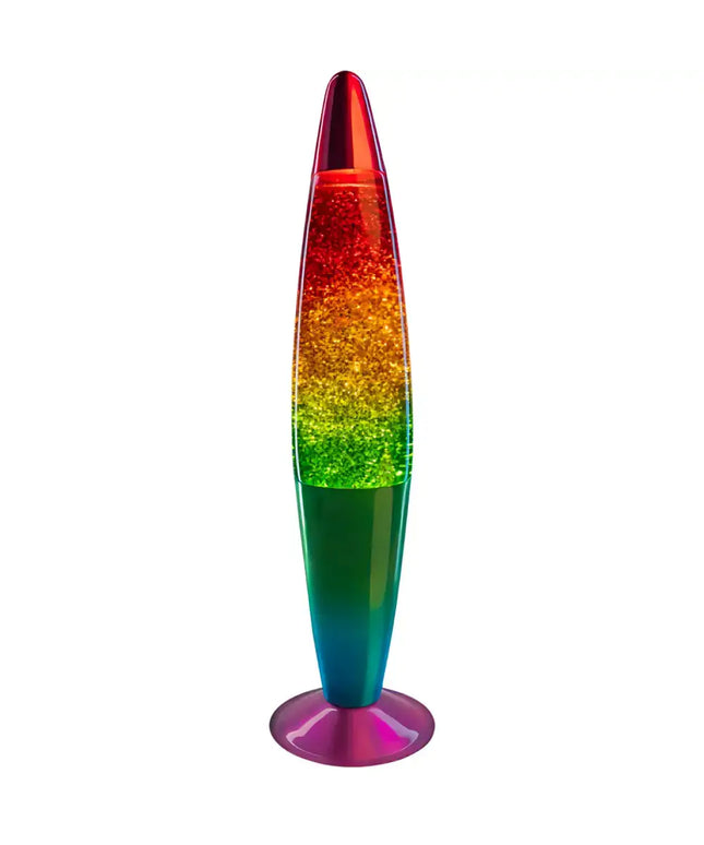 MDI Rainbow Glitter Lava Lamp – A sparkling motion lamp with a rainbow gradient design.