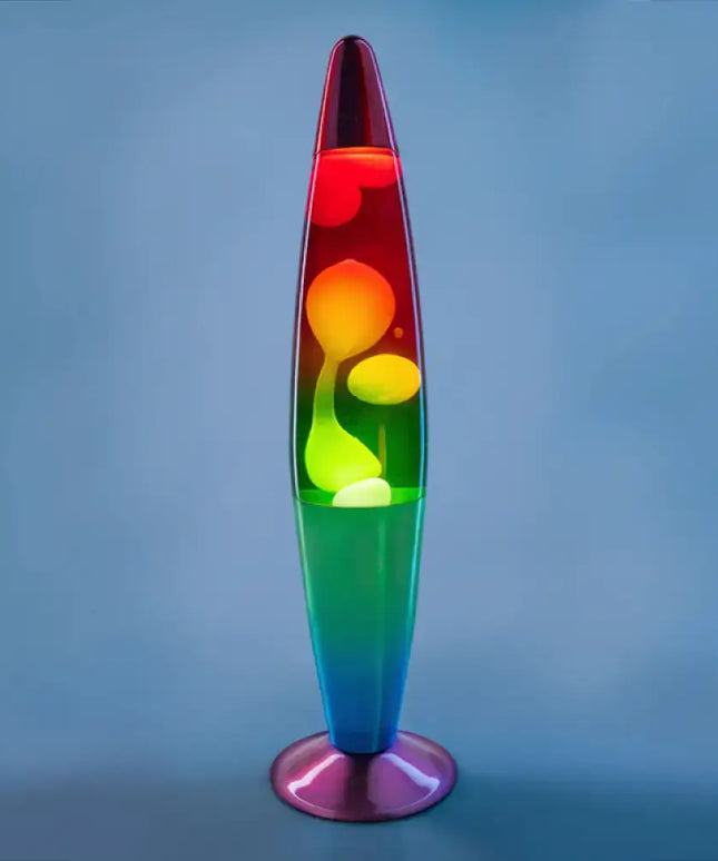 Rocket-Shaped Rainbow Lava Lamp – A colorful motion light with a gradient metallic casing.