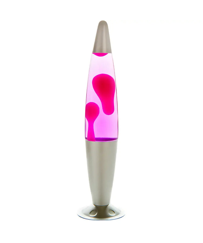 MDI Silver Pink Pink Lava Lamp – A sleek motion lamp with pink lava in pink liquid.