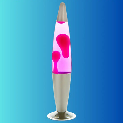 Retro Lava Lamp in Silver & Pink – Swirling pink lava in soft pink liquid with a modern silver casing.