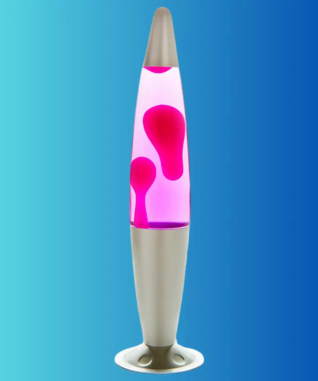 Retro Lava Lamp in Silver & Pink – Swirling pink lava in soft pink liquid with a modern silver casing.