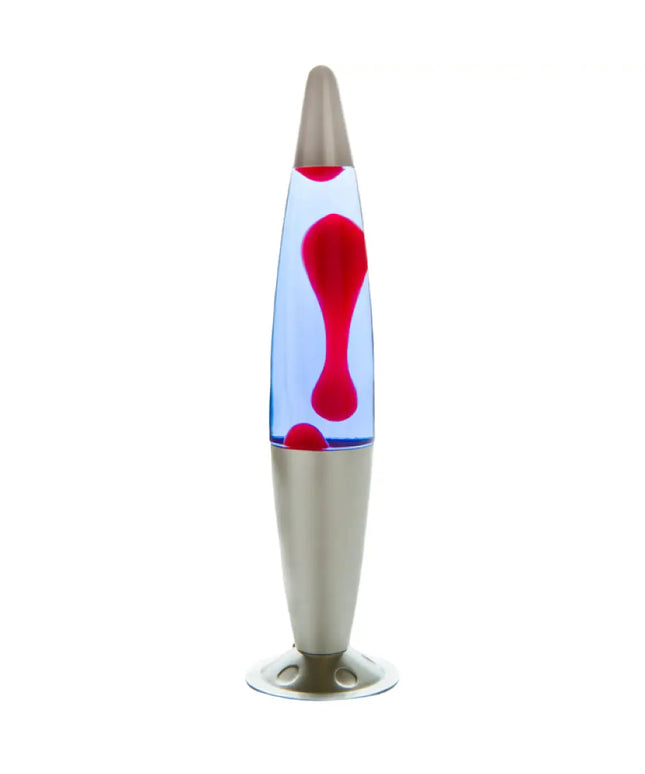 MDI Silver Red Blue Lava Lamp – A sleek motion lamp with red lava in blue liquid.