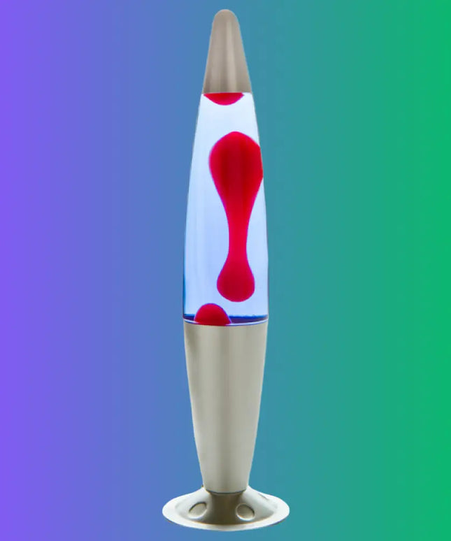 Retro Lava Lamp in Silver, Red & Blue – Swirling red lava in deep blue liquid with a modern silver casing.