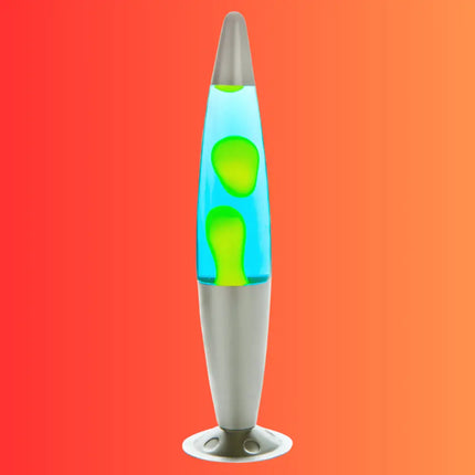 Retro Lava Lamp in Silver, Yellow & Blue – Swirling yellow lava in deep blue liquid with a modern silver casing.
