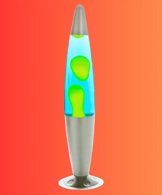 Retro Lava Lamp in Silver, Yellow & Blue – Swirling yellow lava in deep blue liquid with a modern silver casing.