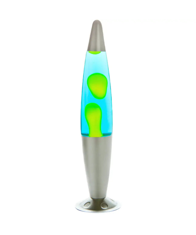 MDI Silver Yellow Blue Lava Lamp – A sleek motion lamp with yellow lava in blue liquid.