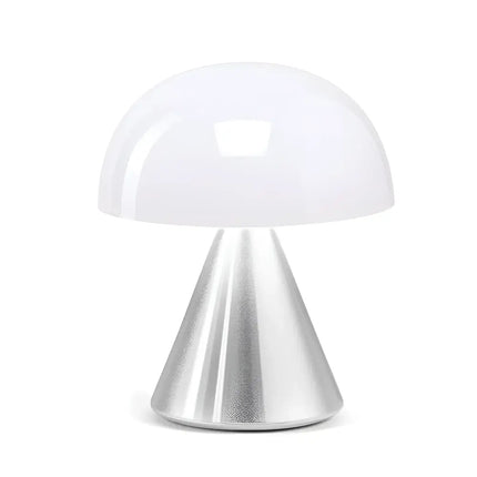 Mushroom-shaped silver and white Mina Mini LED Lamp in polished aluminum finish