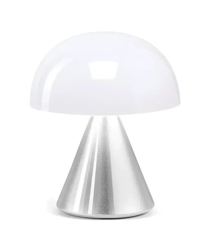 Mushroom-shaped silver and white Mina Mini LED Lamp in polished aluminum finish