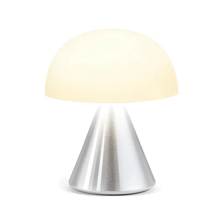 Mushroom-shaped Mina Mini LED Lamp with silver conical base and glowing translucent dome