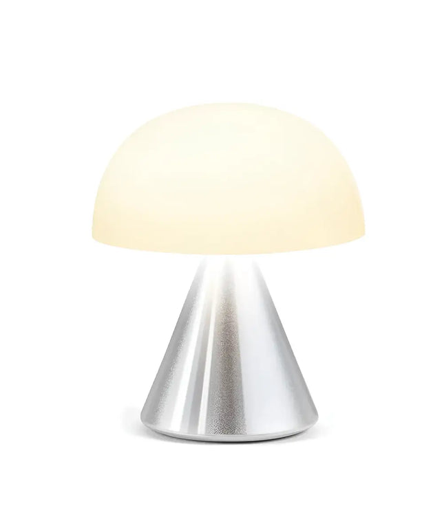Mushroom-shaped Mina Mini LED Lamp with silver conical base and glowing translucent dome