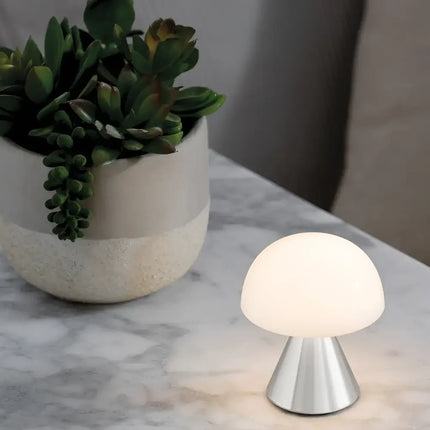 Mushroom-shaped Mina Mini LED Lamp with silver base and white dome for elegant lighting