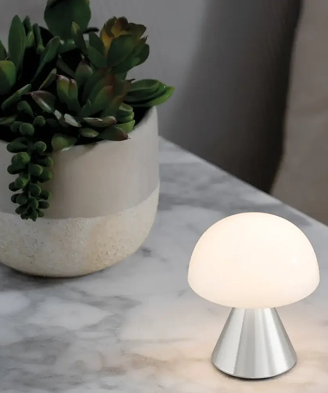 Mushroom-shaped Mina Mini LED Lamp with silver base and white dome for elegant lighting