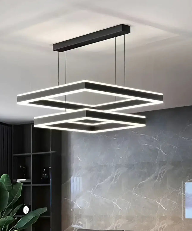 Modern minimalist square pendant light with adjustable triple-layer LED chandelier