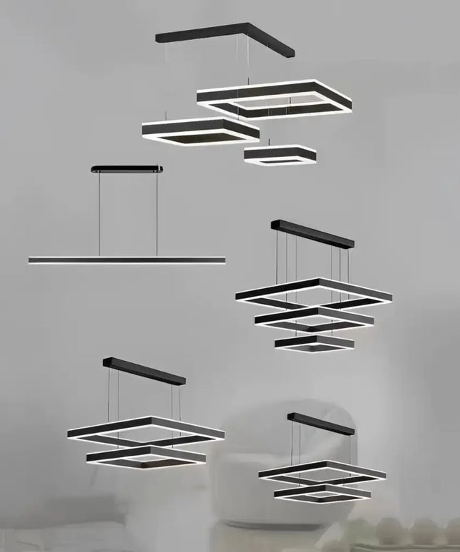 Modern geometric LED pendant lights in a minimalist square adjustable chandelier design