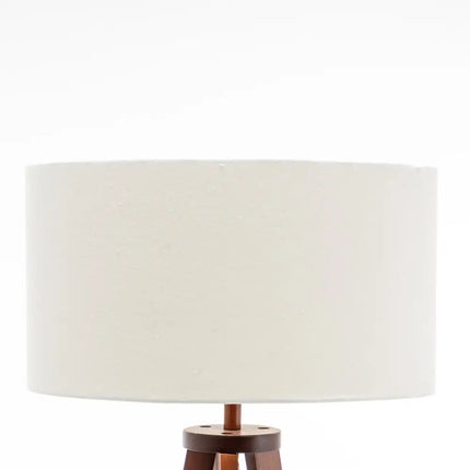 Natural Wooden Tripod Floor Lamp w/ Round Shelf + Off White Linen Shade - Cherry - Home & Garden > Lighting