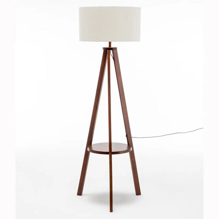 Natural Wooden Tripod Floor Lamp w/ Round Shelf + Off White Linen Shade - Cherry - Home & Garden > Lighting