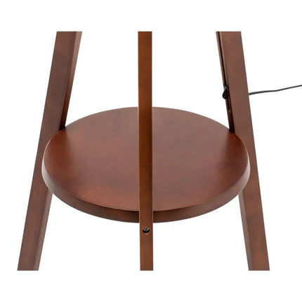 Natural Wooden Tripod Floor Lamp w/ Round Shelf + Off White Linen Shade - Cherry - Home & Garden > Lighting
