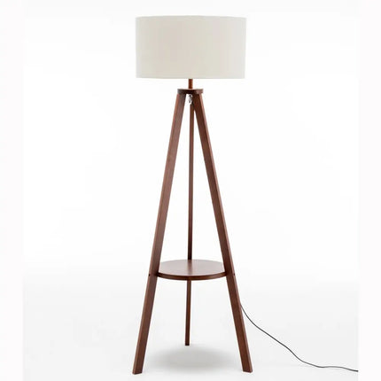 Natural Wooden Tripod Floor Lamp w/ Round Shelf + Off White Linen Shade - Cherry - Home & Garden > Lighting