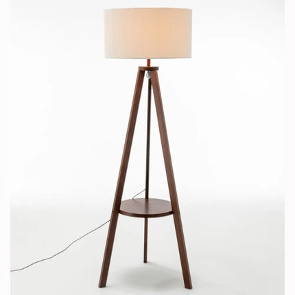 Natural Wooden Tripod Floor Lamp w/ Round Shelf + Off White Linen Shade - Cherry - Home & Garden > Lighting