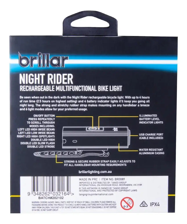 Night Rider - 300 Lumen Rechargeable Multifunctional Bike Light--Brillar