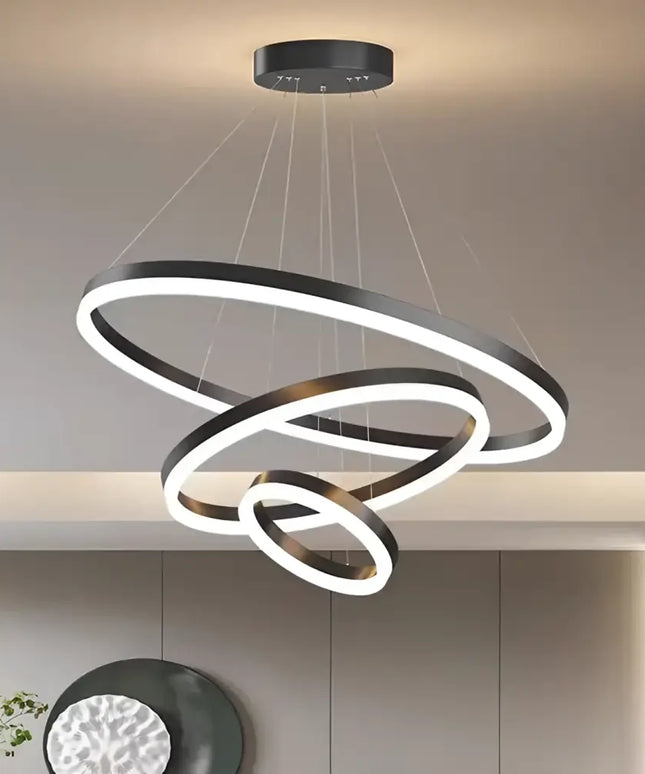 Modern black and white ring chandelier from Obliq Black 3 Rings LED Pendant Light collection