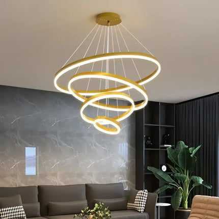 Modern gold ring chandelier from Obliq Brass 4 Rings LED Pendant Light Adjustab