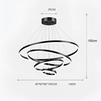 Modern black ring chandelier from Obliq Brass 4 Rings LED Pendant Light collection