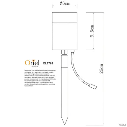 Outline drawing of the Oriel Accent 12V Garden Spike Light with dimensions