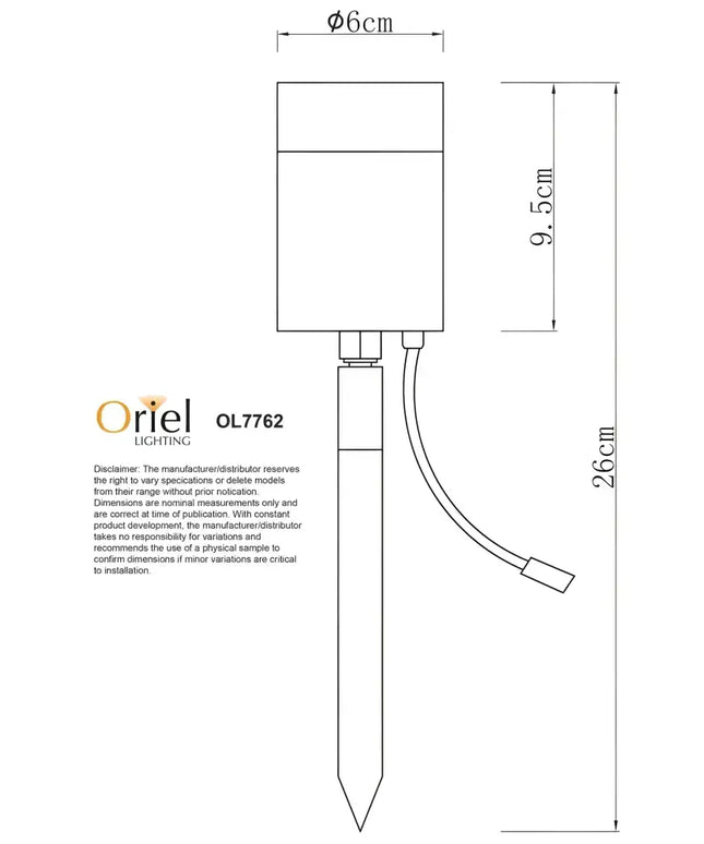 Outline drawing of the Oriel Accent 12V Garden Spike Light with dimensions