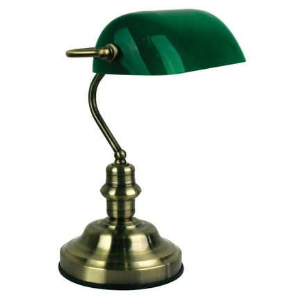 Elegant green and brass Oriel Bankers table lamp with touch controls.