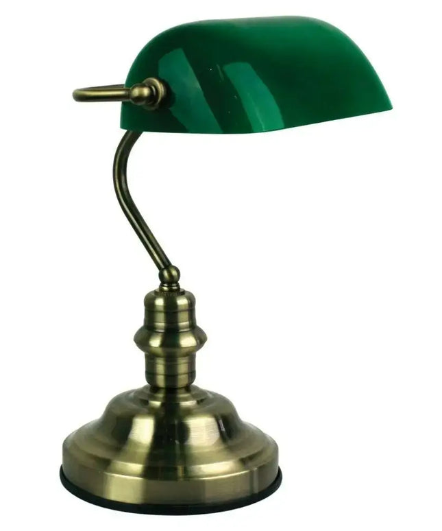 Elegant green and brass Oriel Bankers table lamp with touch controls.