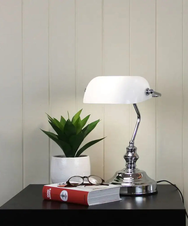 Close-up of the touch-control base on the Oriel Bankers table lamp.