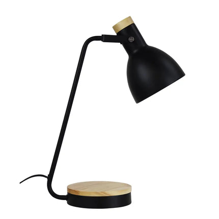Oriel Benny Desk Lamp with a black metal shade and blonde wooden base.