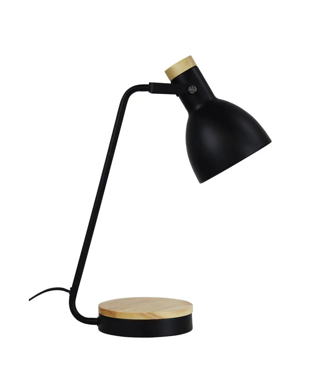Oriel Benny Desk Lamp with a black metal shade and blonde wooden base.
