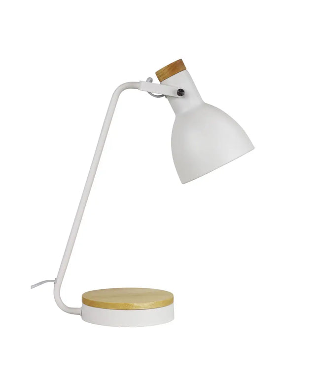 Oriel Benny Desk Lamp in white and blonde with a modern, minimalist design.