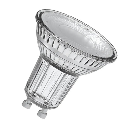 Clear glass halogen light bulb displayed in Osram 5.5W GU10 Dimmable LED Globe product