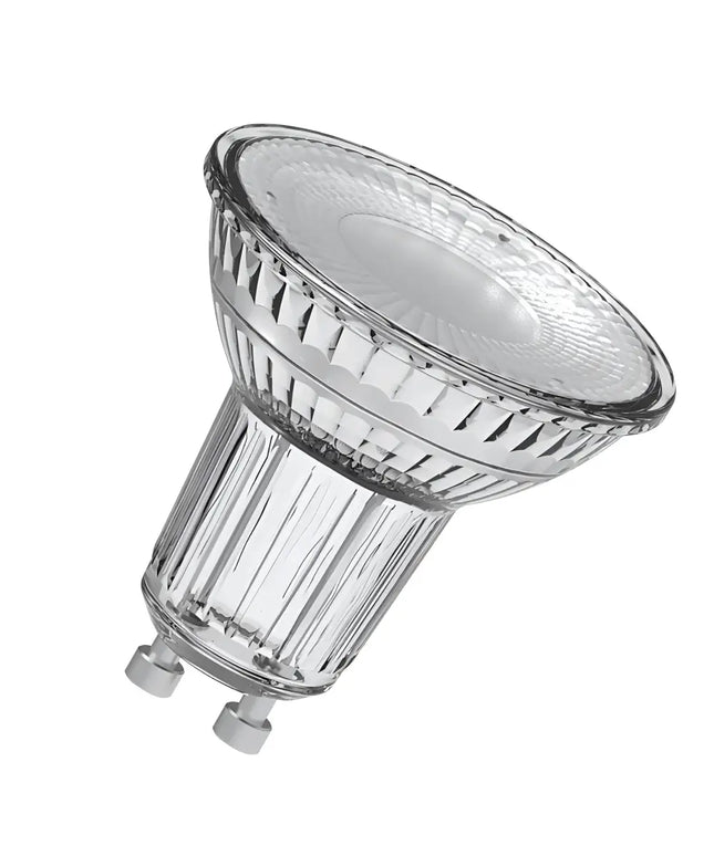 Clear glass halogen light bulb displayed in Osram 5.5W GU10 Dimmable LED Globe product