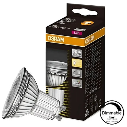 Osram 5.5W GU10 Dimmable LED Globe with lightbulb and packaging