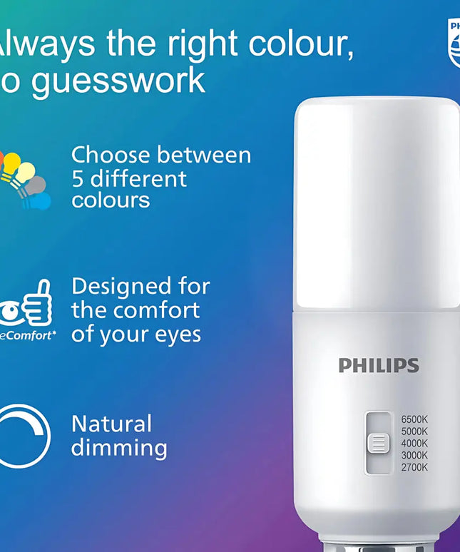Philips light bulb with features highlighted on a blue and purple gradient background