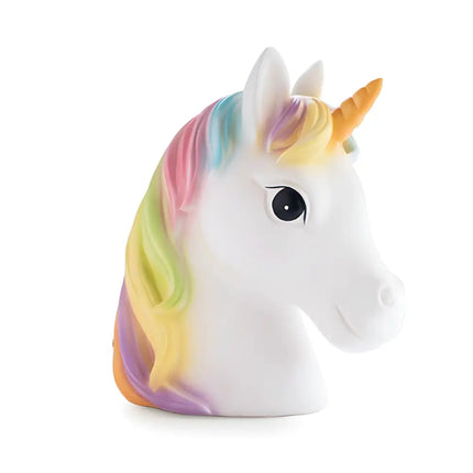 Close-up of the rainbow mane and unicorn’s gentle expression